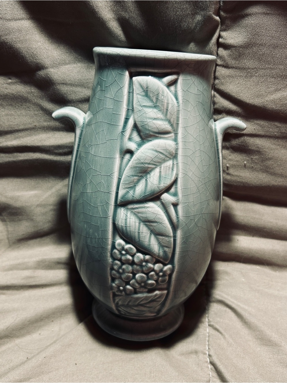 Ceramic Leaf Relief Vase in Teal Gray